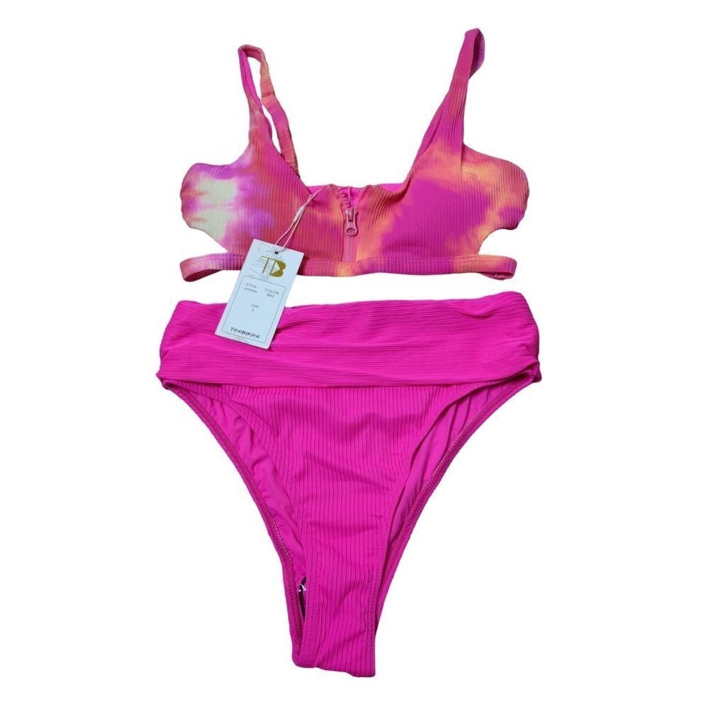 Tinibikini Tini Bikini‎ Womens Small 2 Piece Hot Pink Orange Zipper Strappy